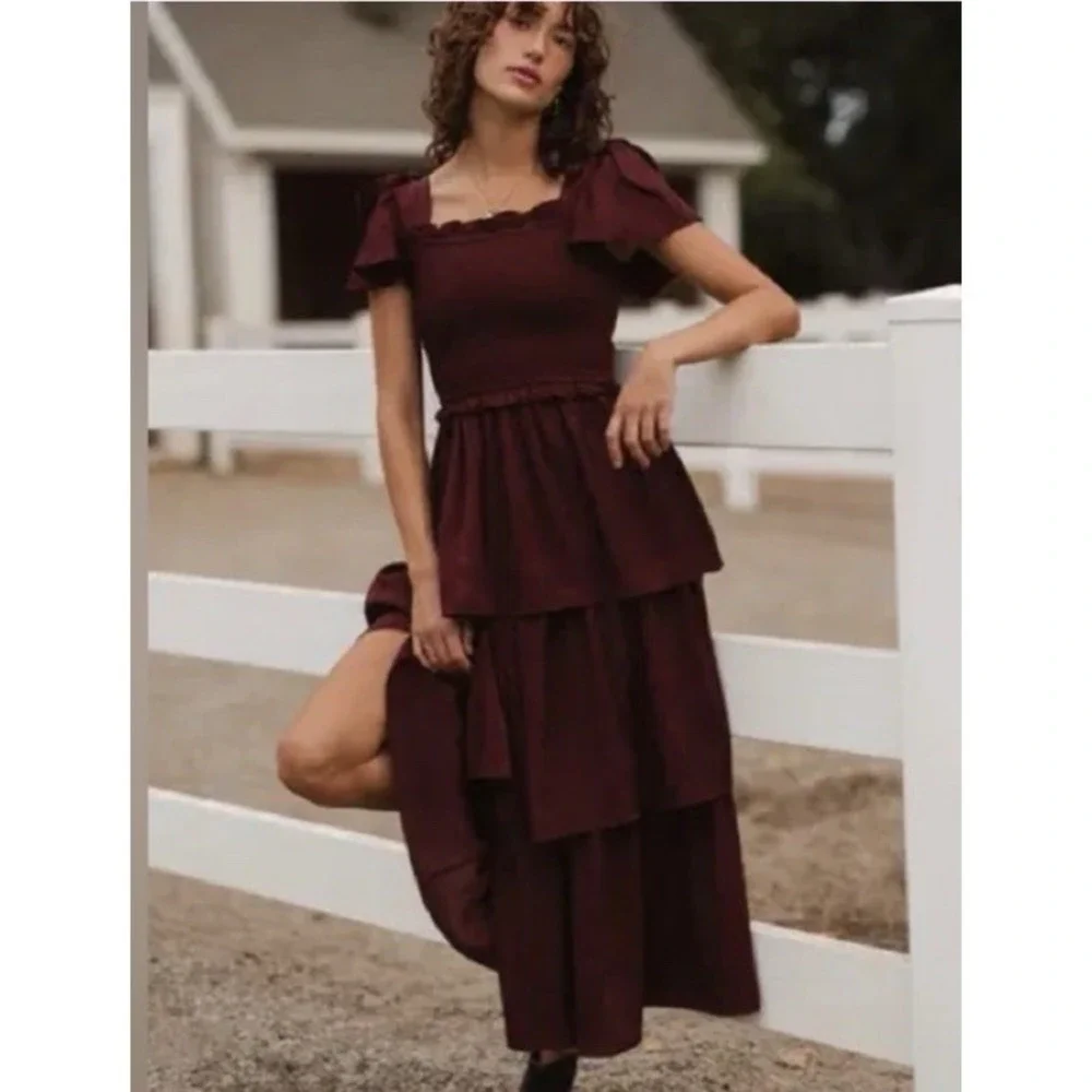 Ivy City Co Alana Tiered Smocked Burgundy Wine Size Medium Cottagecore Maxi - Picture 1 of 10